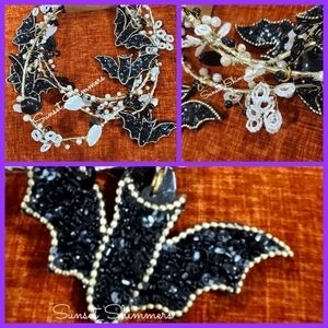 6FT Sparkly Glass Beaded BATS Fall HALLOWEEN Black White Gold Garland NEW